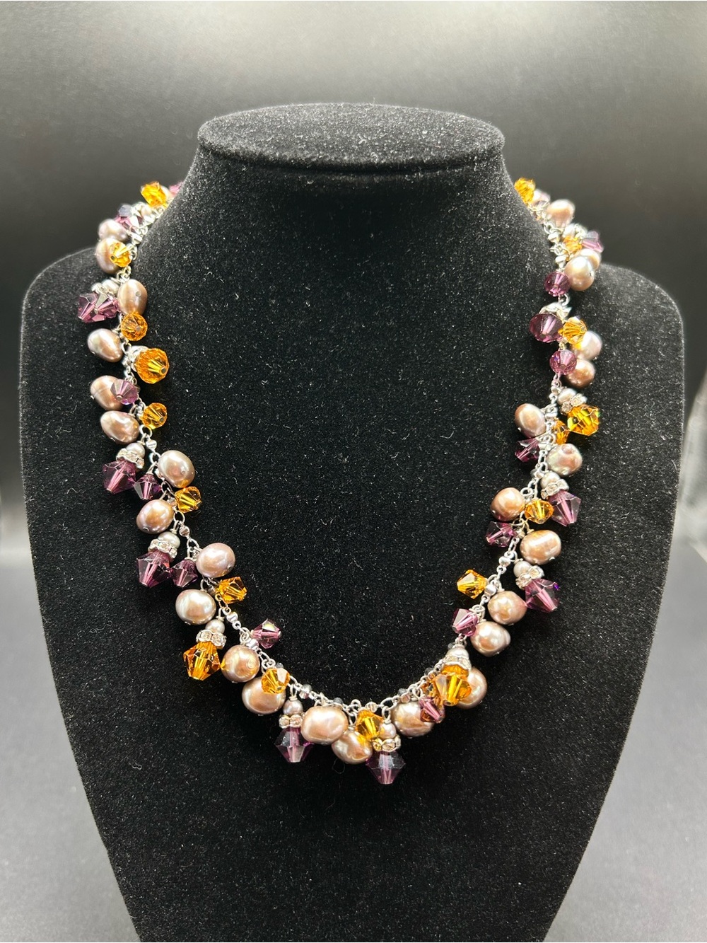 VTG Sterling 925 Genuine Pearls and Crystals Beaded‎ Cha Cha Necklace